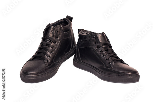 Leather black winter boots for men on a white background comfortable and warm in the cold, do not get wet in the rain