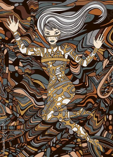 Steampunk girl art. Surreal fantastic doodle style woman.