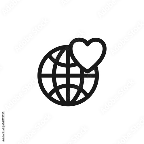 Globe with heart thin line icon. Symbol of love and peace. Vector illustration for logo of charity, donation organization.