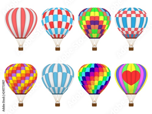 Set of colorful hot air balloons or aerostat, isolated on white background.