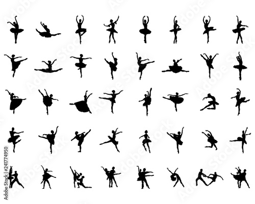 Black silhouettes of ballerinas on a white background