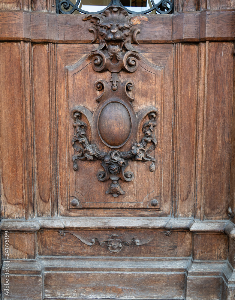 old wooden front door with lion ornament