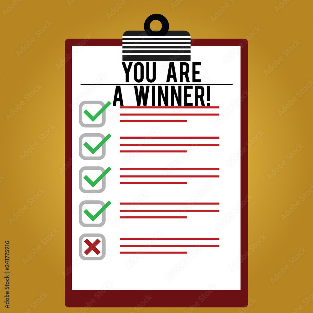 Text sign showing You Are A Winner. Conceptual photo Motivation inspirational support for you accomplish goals Lined Color Vertical Clipboard with Check Box photo Blank Copy Space Text sign showing You Are A Winner. Conceptual photo Motivation inspirational support for you accomplish goals Lined Color Vertical Clipboard with Check Box photo Blank Copy Space