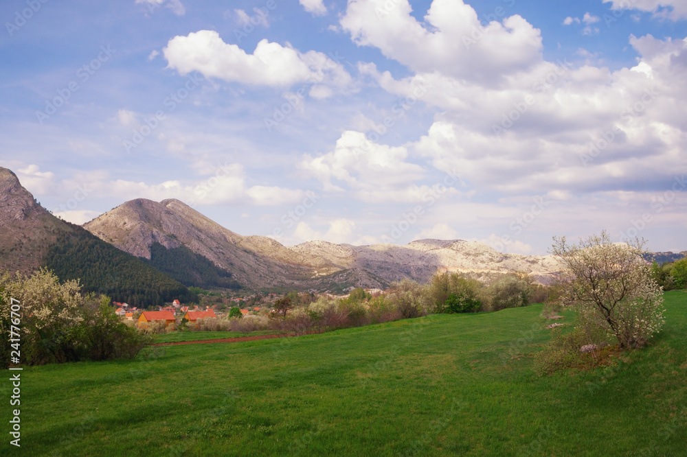 Beautiful mountain landscape on spring day.  Montenegro,  view of Lovcen National Park and Njegusi village