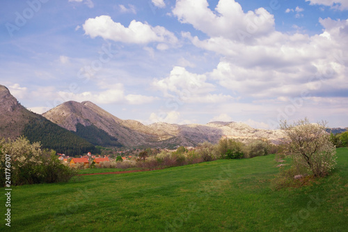 Beautiful mountain landscape on spring day. Montenegro, view of Lovcen National Park and Njegusi village