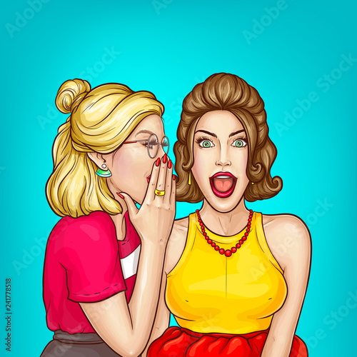Vector pop art illustration with pretty blonde woman whispers secret to her friends ear. Gossip of girls. The shocked, excited character with open mouth and big breast isolated on blue background.