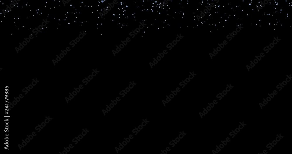 Falling raindrops footage animation in slow motion on dark black background with alpha channel - static camera side view