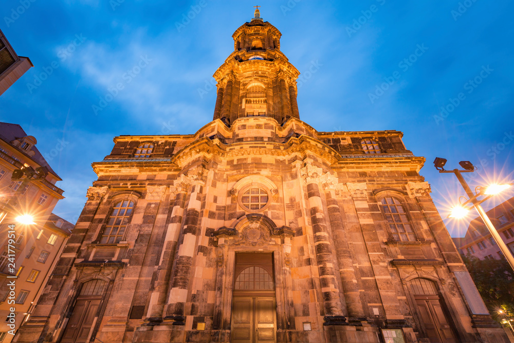 Holy Cross Church in Dresden at night