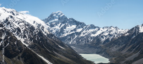 Panoramic view up the Hooker valley from the top of the Tarns Track to Mount Cook with Hooker Lake in front. Aoraki/Mount Cook National Park, New Zealand.