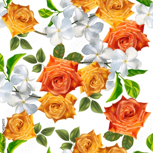 Rose and apocynaceae flower seamless pattern