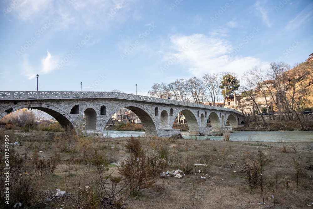 Gorica Bridge over the Osum river, a landmark in the city of Berat, Albania