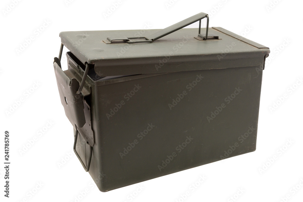 Green metal ammo box on white background Green metal ammo box on white background