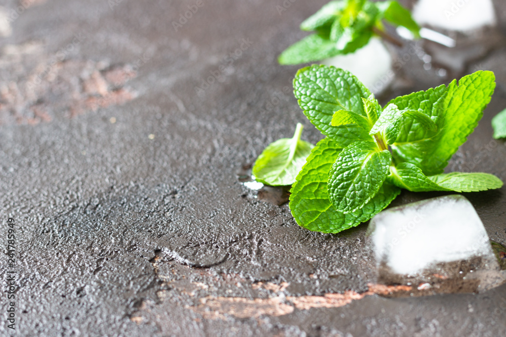 Fresh garden mint and ice cubes on old brown background. Copy space. Fresh garden mint and ice cubes on old brown background. Copy space.