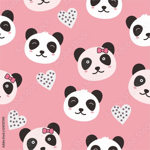 Fototapeta Naklejka Na Ścianę i Meble -  Cute panda seamless pattern with pink backgrund