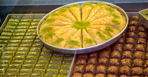 Turkish baklava in tray on display photo