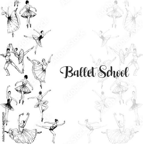 Composition of hand drawn sketch style abstract ballet dancers isolated on white background. Vector illustration.
