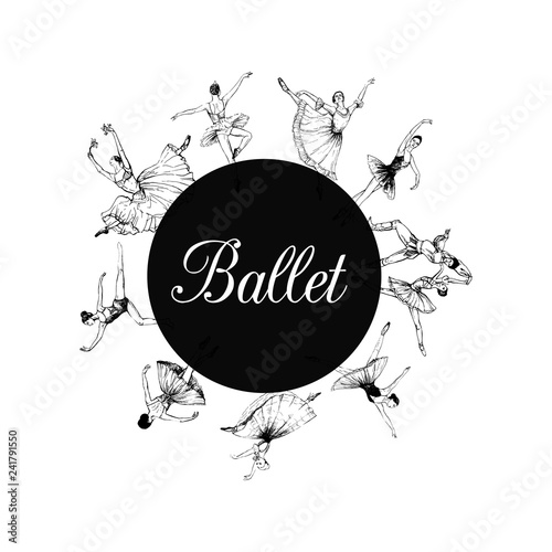 Composition of hand drawn sketch style abstract ballet dancers isolated on white background. Vector illustration.