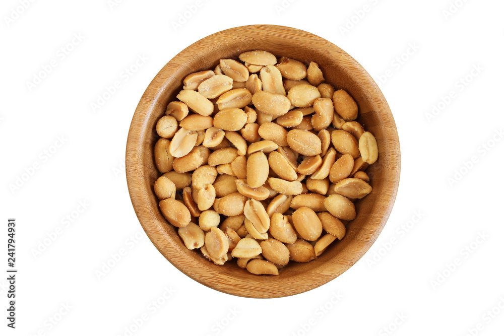Salted roasted peanuts in bamboo bowl on white background Salted roasted peanuts in bamboo bowl on white background