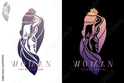 woman with long hair, a flower, a tattoo on her body and wrapped in a Cape (Sari), a view from the back. isolated image vector EPS 10