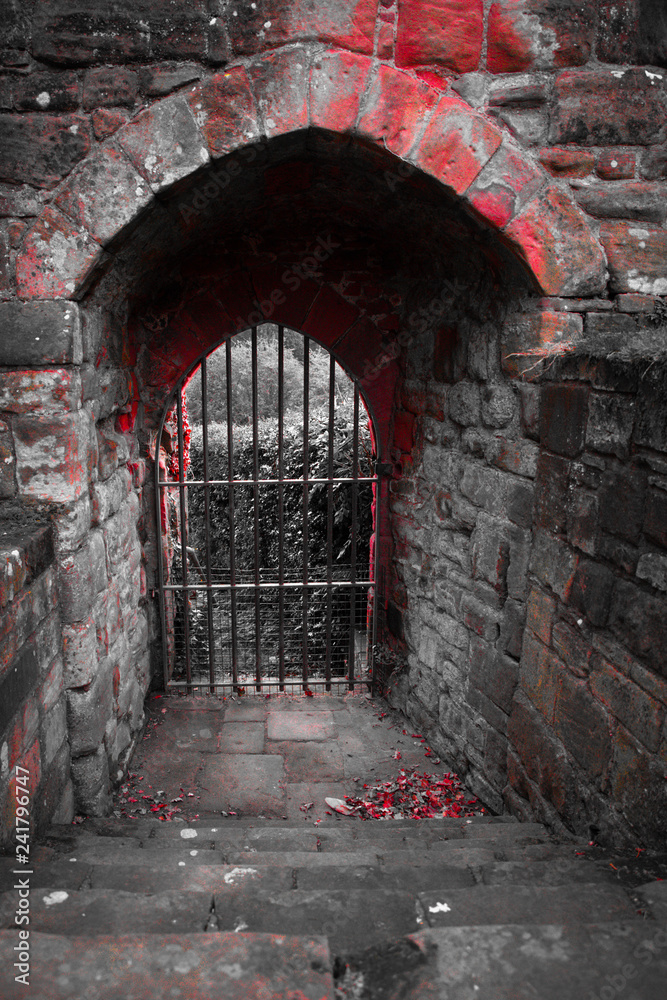 Ancient gated arched doorway with red and grey stone on medieval building