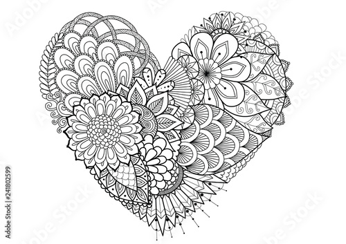 hearted shape flowersFlowers,leafs in hearted shape for print and adult coloring book,coloring page, colouring picture and other design element.Vector illustration photo