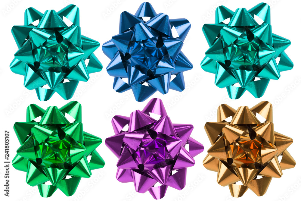 Collection of colorful bow ribbon. Six shiny different colors for Christmas or birthday gift box. Collection of colorful bow ribbon. Six shiny different colors for Christmas or birthday gift box.