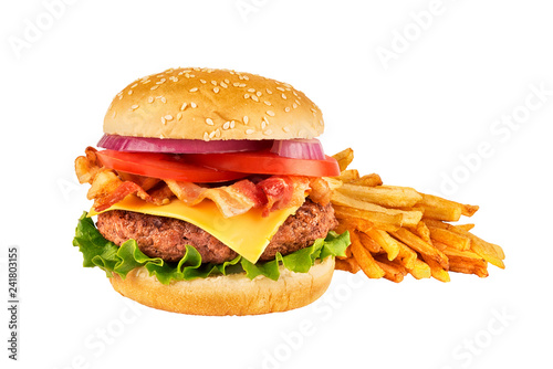Cheeseburger with beef patty, bacon and french fries, isolated on white background. Real close up.