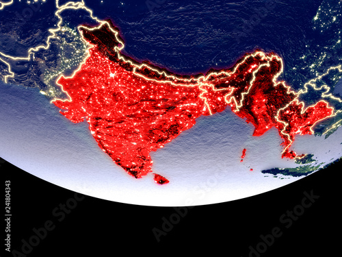Satellite view of BIMSTEC memeber states from space at night. Beautifully detailed plastic planet surface with visible city lights. photo