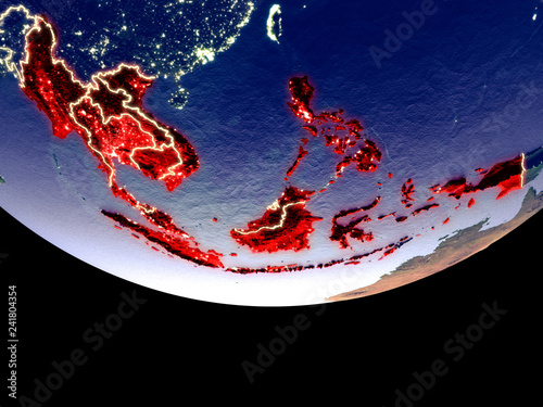 Satellite view of ASEAN memeber states from space at night. Beautifully detailed plastic planet surface with visible city lights. photo
