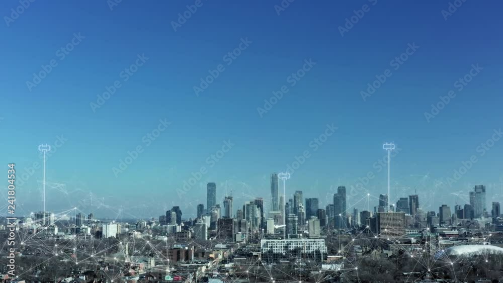 4K Modern Smart City with HUD element overlay. (All logos blurred or removed in post.)