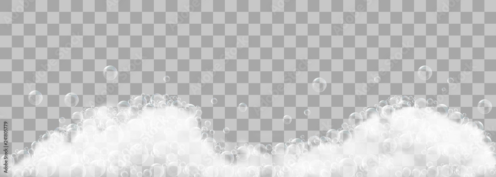 Soap foam and bubbles on transparent background. Vector illustration - obrazy, fototapety, plakaty 