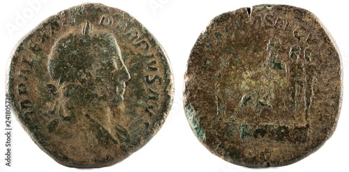 Ancient Roman bronze sertertius coin of Emperor Severus Alexander. photo