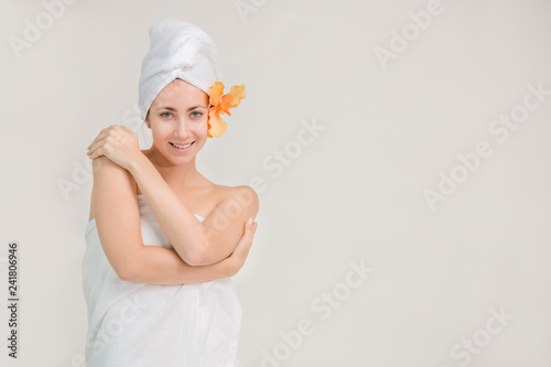 Beautiful portrait spa woman standing posing youth and Skin Care Concept