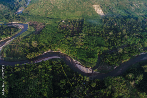 Aerial view tropical forest with river in morning with fog