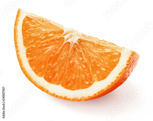 juicy fresh orange slice with peel on a white background