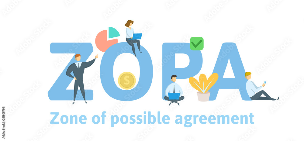Zopa Sticker ZOPA, Zone Of Possible Agreement. Concept with keywords, letters and ...