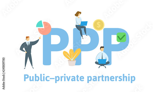 PPP, Public-private partnership. Concept with keywords, letters and icons. Colored flat vector illustration. Isolated on white background.