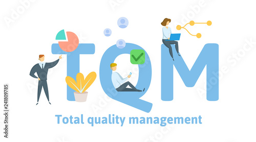 TQM, Total Quality Management. Concept with keywords, letters and icons. Colored flat vector illustration. Isolated on white background.