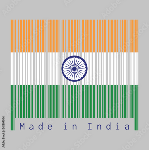 Barcode set the color of India flag, tricolor of India saffron, white and green with the Ashoka Chakra wheel
