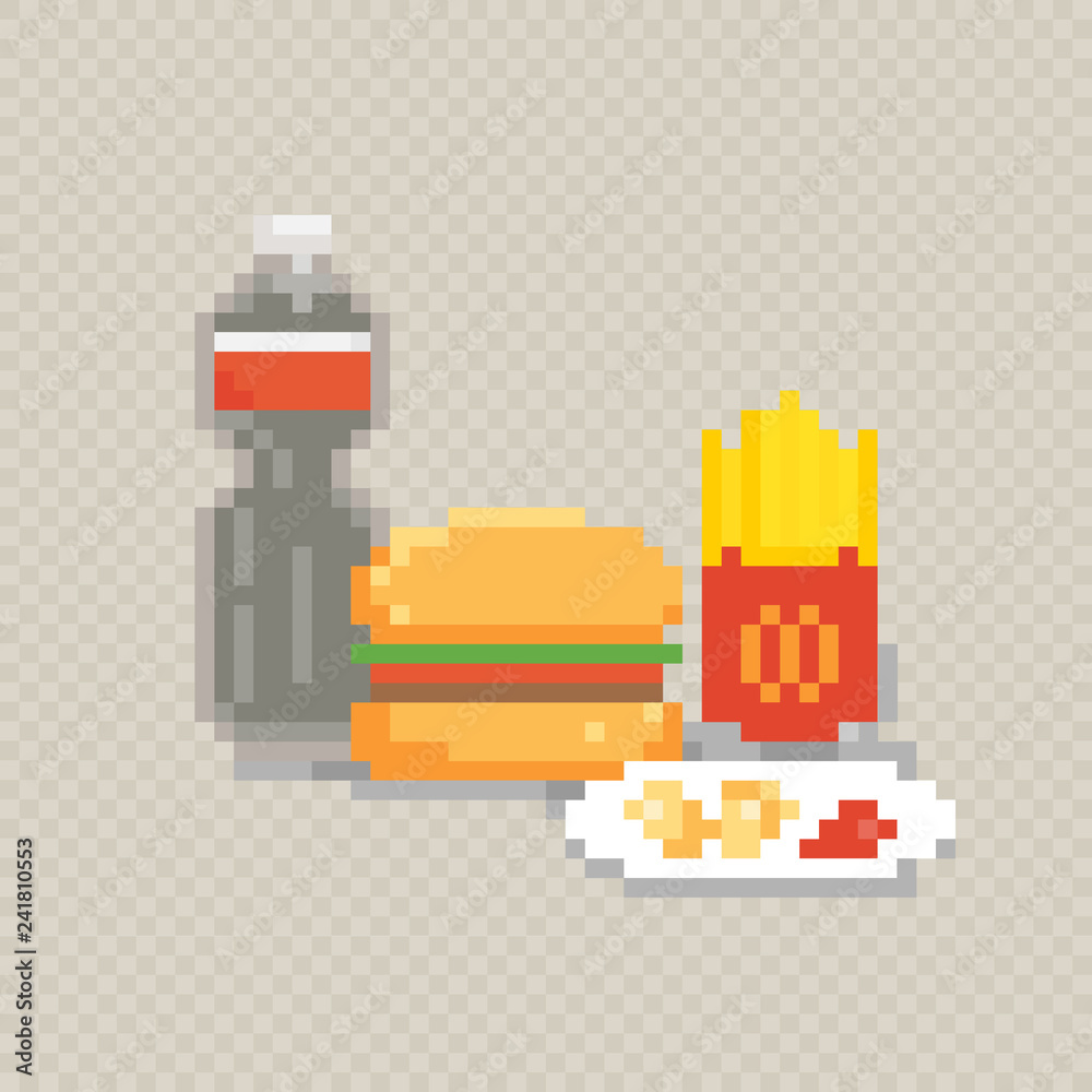 Pixel vector illustration. Fastfood set