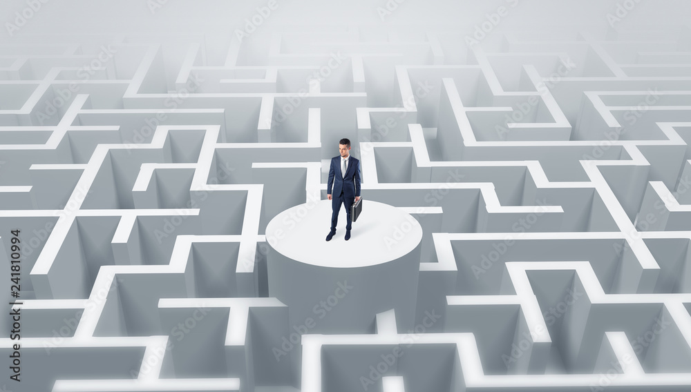 Businessman standing on the top a maze and looking through
Businessman standing on the top a maze and looking through