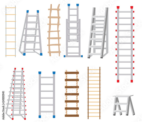 Ladders Set Made from Different Materials: Wood and Metal.