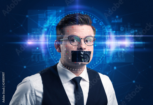 Facial recognition system. Young man on blue background