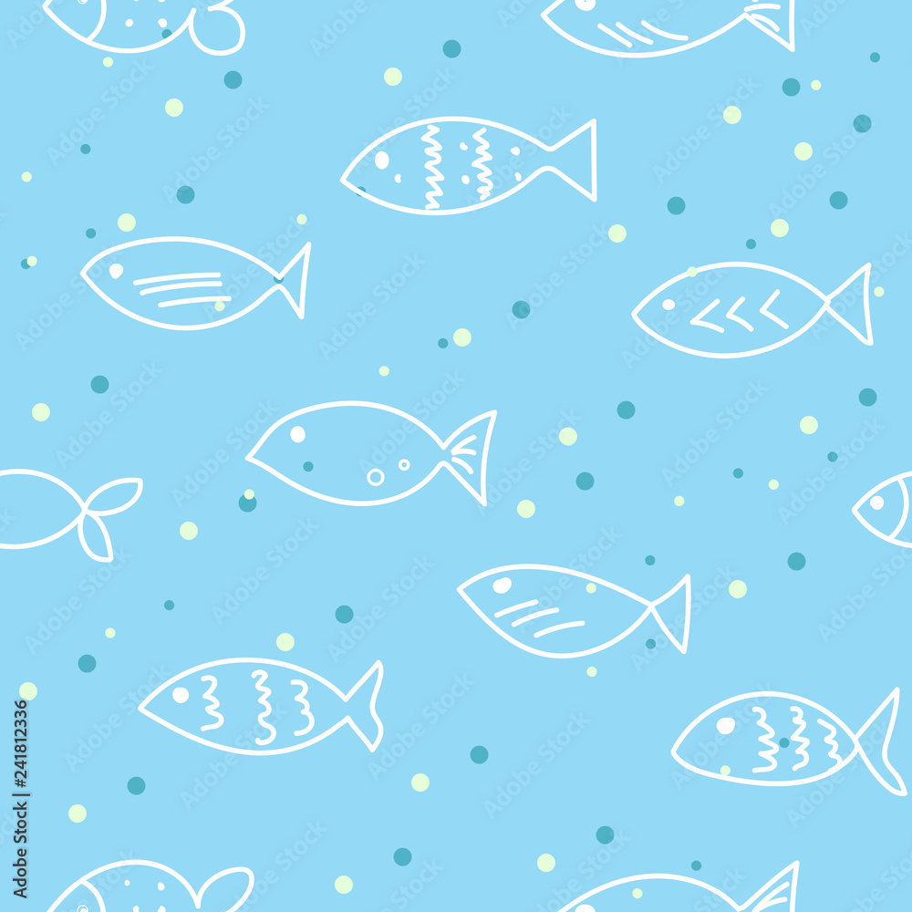A flock of swimming fish.  Seamless pattern. Hand drawn design