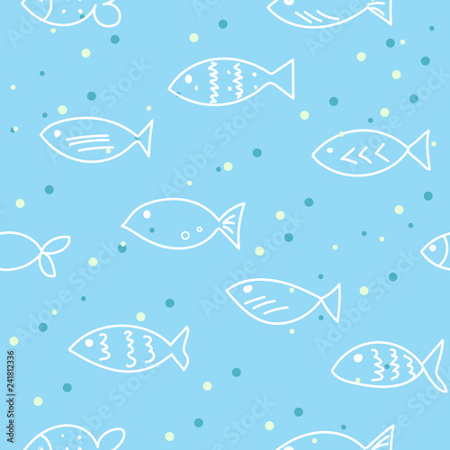 A flock of swimming fish. Seamless pattern. Hand drawn design