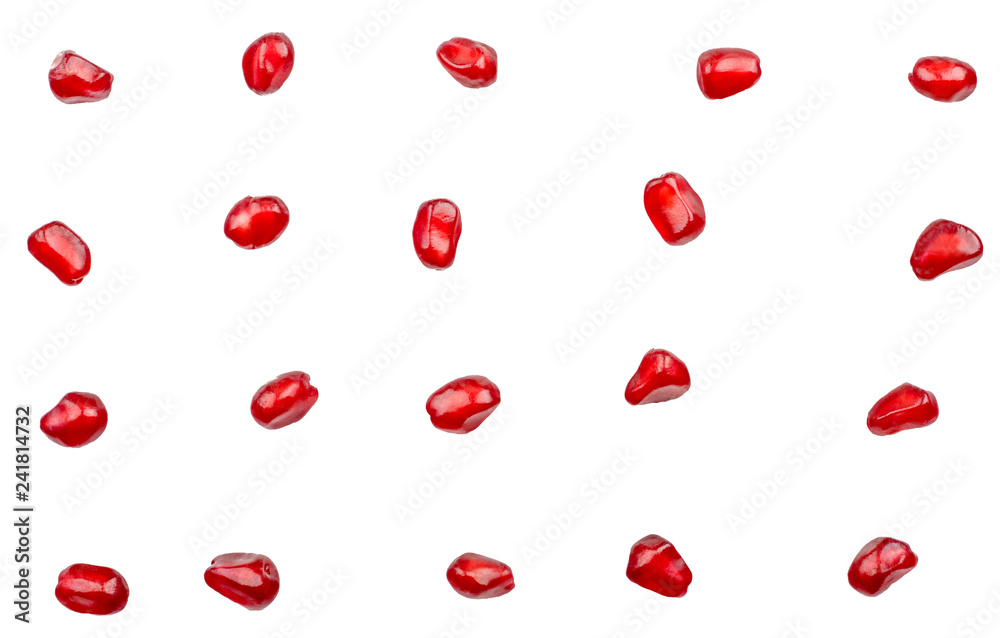 Pomegranate seeds isolated on white background. Top view. Flat lay Pomegranate seeds isolated on white background. Top view. Flat lay