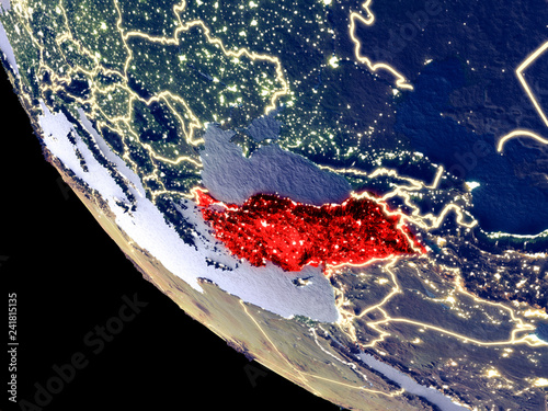 Orbit view of Turkey at night with bright city lights. Very detailed plastic planet surface.