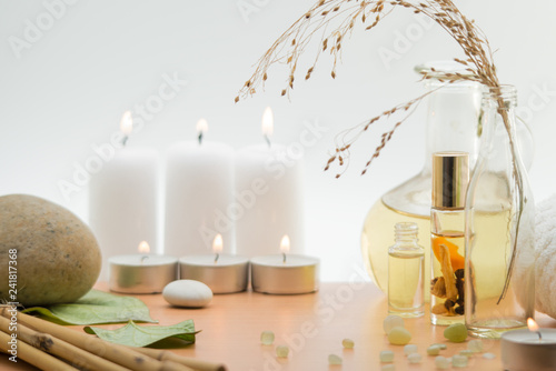 Spa concept  composition with bamboo  stones  leaves and candles