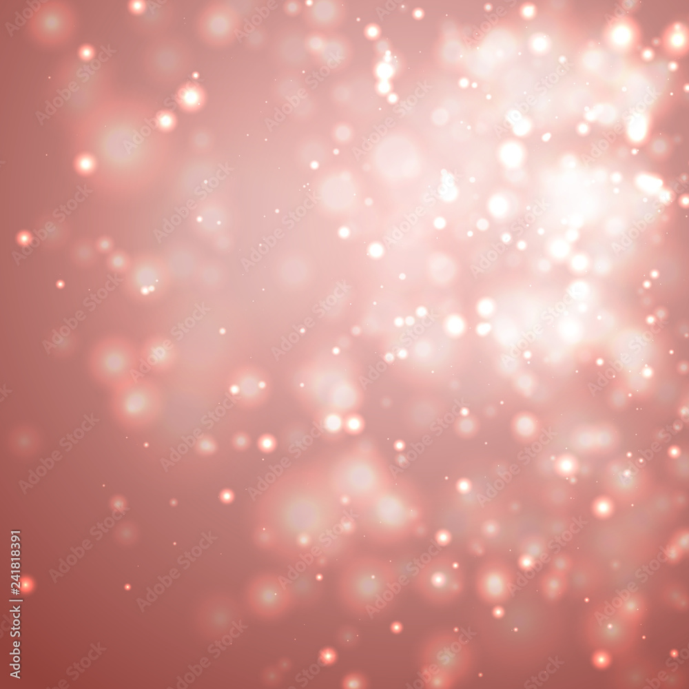 Abstract colorful bokeh and glowing spakling shining particles in random. Lighting effects of flash. Blurred vector background with light glare.