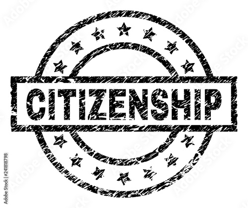 CITIZENSHIP stamp seal watermark with distress style. Designed with rectangle, circles and stars. Black vector rubber print of CITIZENSHIP tag with dirty texture.